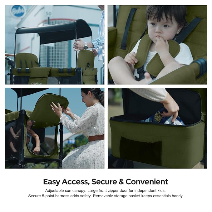Elite 4-Seater Wagon Stroller for 2-4 Kids, One-Hand Fold, High Seats with 5 Point Harness, Adjustable Handle & Canopy, Green