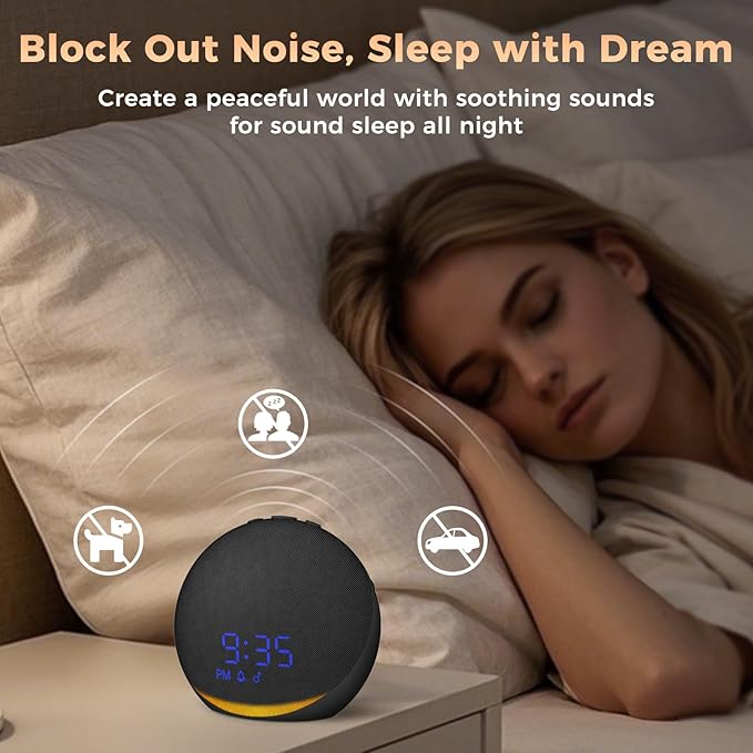 Sound Machine Alarm Clock for Bedroom: 25 Natural Sleep Sounds - White Noise Machine for Adults Kids Baby - Gentle Wake Up Alarm with Bluetooth Speaker - Black