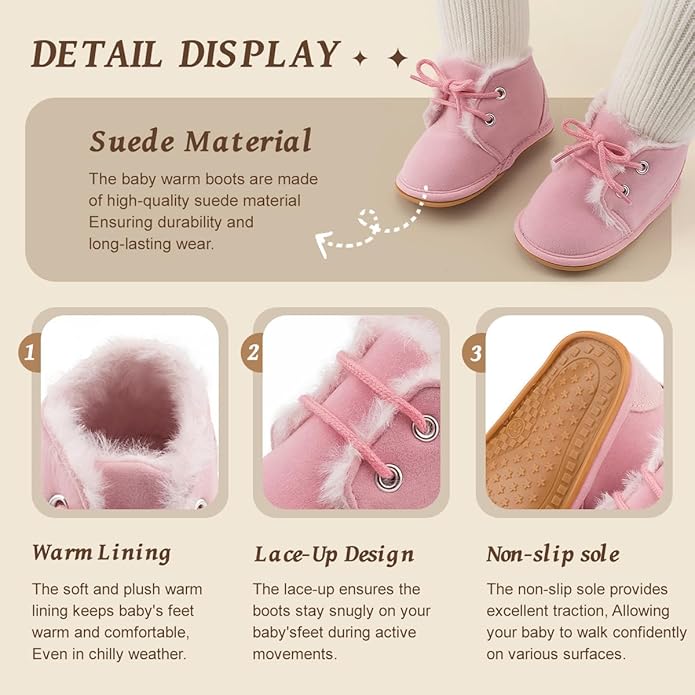 Baby Unisex Warm Snow Boots Newborn Leather Fur Lace Up Ankle Anti-Slip Rubber Texture Sole Toddler Prewalker Winter Crib Shoes