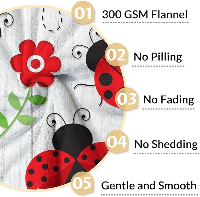 Ladybug Gifts for Kids - 30 x 40 Inches Cute Lady Bug Blanket for Girls - Grey Plush Warm Decor for Crib, Lap