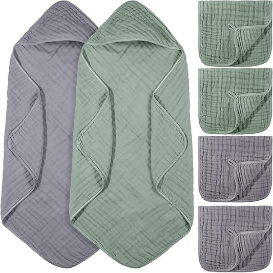 VitalCozy 6 Pcs Baby Muslin Hooded Bath Towels and Washcloths, 32 x 32 Inch Muslin Cotton Hooded Baby Towels Absorbent Blankets for Gift Newborn Infant Shower(Green, Gray)