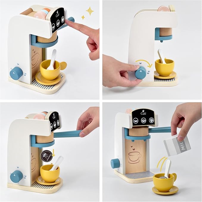 PairPear Wooden “Drop-Pod” Coffee Maker Toy， 13 Pieces Espresso Machine Playset, Barista & Cappuccino Pretend Play Kitchen Accessories Gift for Girls and Boys Age 3+