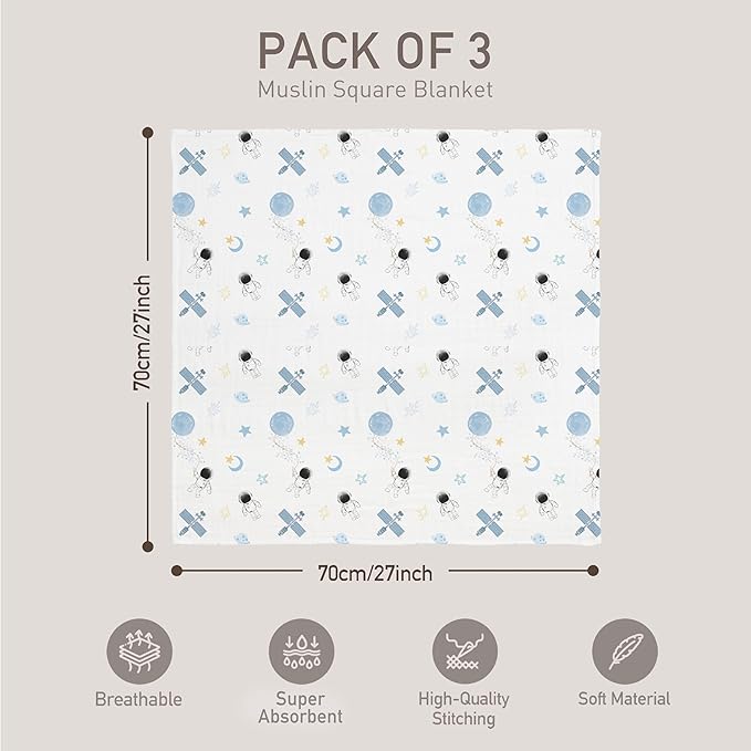 GLLQUEN BABY Receiving Blanket Boy Cotton Muslin Swaddle Blankets Girl Newborn Squares Breathable & Soft Thin Baby Blankets Cloths Double Absorbent Infant Swaddling Wrap - 3 Pack (Blue Astronaut)