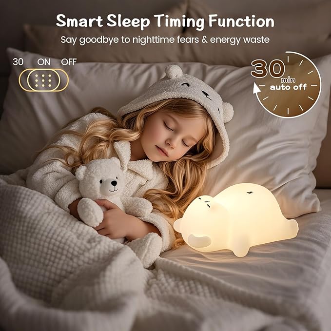 Sleepy Snoring Bear Night Light,Novelty Nursery Nightlight for Kids, Dimmable/Timer/Rechargeable USB-C, Food-Grade Silicone LED Squishy Animal Bedside Lamp,Funny Gifts for Boys Girls Baby,Room Decor