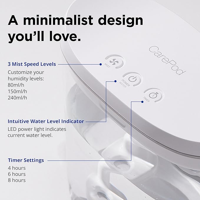 Carepod Mini Ultrasonic Cool Mist Humidifier for Bedroom, Quiet & Safe for Baby, Transparent, Only 3 Washable Parts & Easy to Clean, Filter-Free, Automatic Shut-off, Lasts 20Hrs (0.74Gal/2.8L)