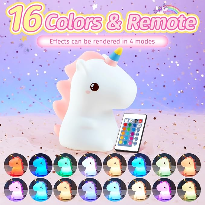 Mubarek Unicorn Night Light for Kids,【Remote&16 Colors】 Toddler Night Light,5 Brightness Nightlight for Kids Room,Cute Lamp Unicorn Lamp,Kawaii Room Decor,Gifts for Girls