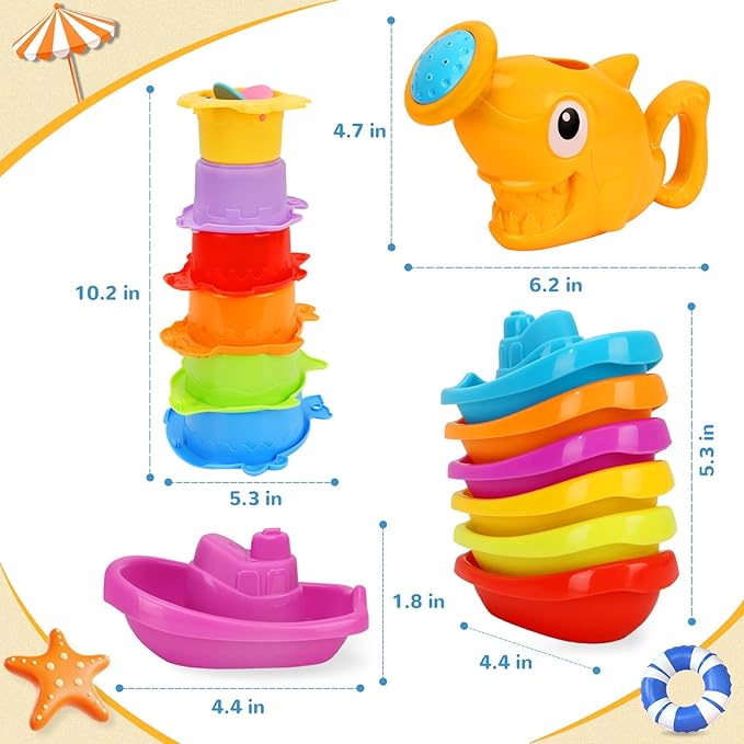 Bath Toys for Kids Ages 1-3, Kids Bath Toys with Floating Boats, Bathing Spoon Shower, 13 PCS Bathtub Toy for Babies Water Table Pool Birthday Gift for Toddlers 1-3 Infant Baby Boys/Girls 6-12-18M+