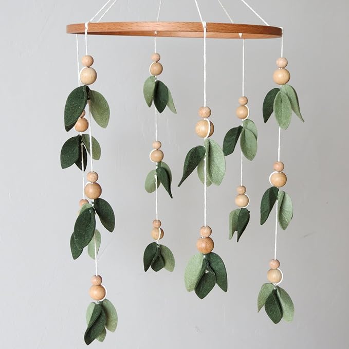 Green Leaf Crib Mobile Forest Baby Mobile for Crib Green Leaf Nursery Mobile with Wooden Bead