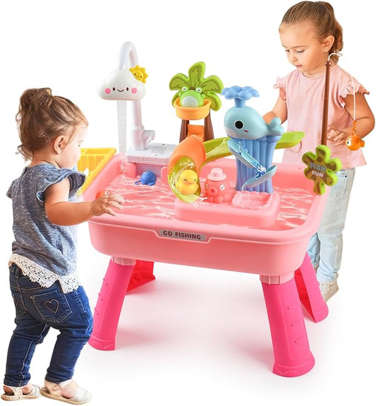 2026 Upgraded Toddler Sand Water Table Toy with Electric Water Pump, Kids Sand Water with Faucet/Play Food Accessories/Fishing Toy, Kitchen Play Sink Toys for Girl Boy Age 3+ (Pink)