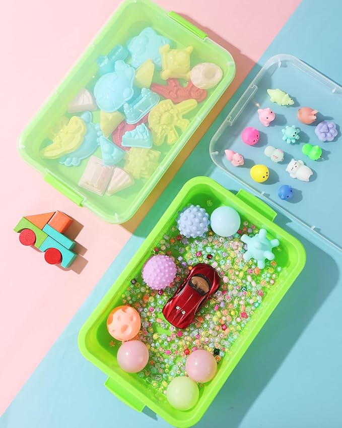 Sensory Bin Sand Tray with Lid for Toddlers 2 Pcs 15in Portable Sandbox Toy Large Plastic Tray for Kids 3 4 5 6 Fill with Sand, Water, Beads, and More (2 Green)