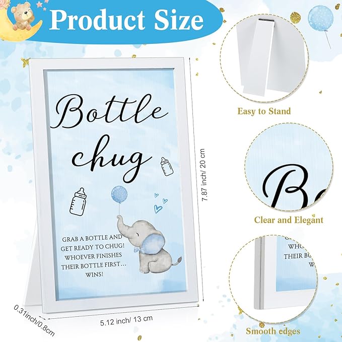 Roowest Bottle Chug Baby Shower Game Favors Including Blue Elephant Theme Wooden Sign and 18 Pcs Baby Bottles for Gender Reveal Party Supplies