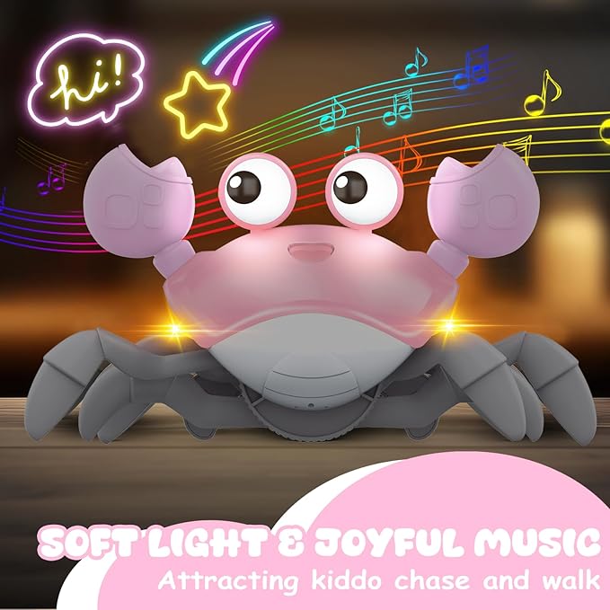 Crawling Crab Baby Toy, Tummy Time Girl Gifts for Babies 3-6 6-12 Month, Light-Up Walking Dancing Moving Crab with Music & Obstacle Avoidance, Rechargeable Musical Toys 1 Year Old Girls Gift (Pink)