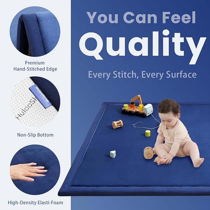 Baby Play Mat for Floor,1.3" Thick Elasti-Foam 50x50 Playpen Mat for Toddlers Infant Kids,Water-Repellent Soft Coral Velvet Tummy Time Non Slip Crawling,Tatami(Dark Blue)