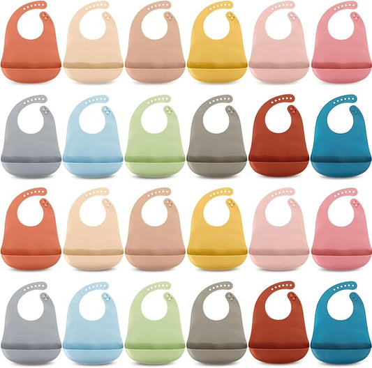 Tioncy 24 Pcs Silicone Bibs for Babies Toddlers Waterproof Adjustable Soft Durable Feeding Baby Bibs Gifts with Food Catcher for Kindergarten Nursery Preschool Children