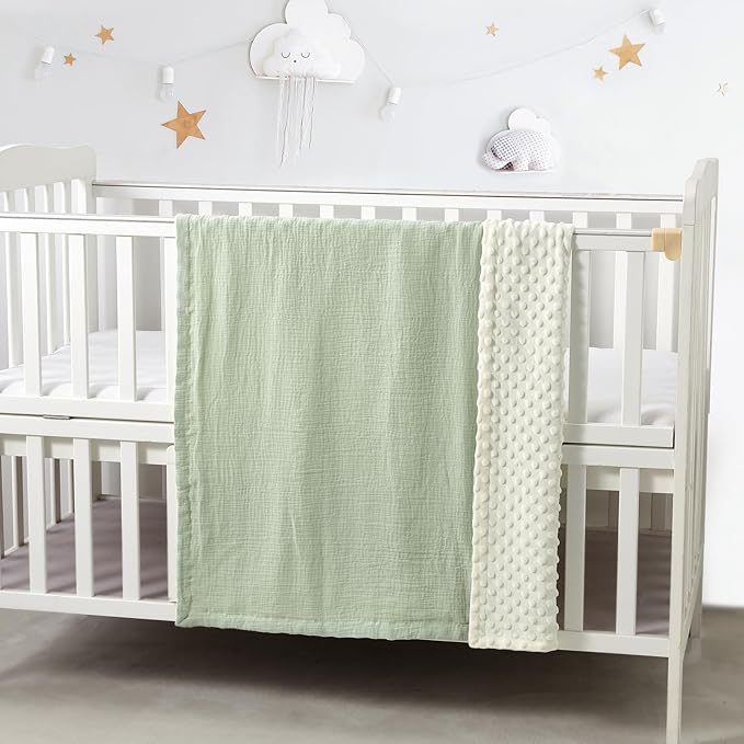 CREVENT 30''X40'' Organic Muslin Cotton Baby Blanket for Newborns, Soft Mink Backing, Essential for Baby Shower Birthday Gift - Green 75X100cm