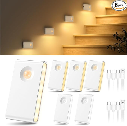 YiaMia Stair Lights Motion Sensor Indoor, 6-Pack Rechargeable Night Lights with 3 Color Modes, Wireless Under Cabinet Lighting for Stairs, Hallway, Kitchen, Bathroom