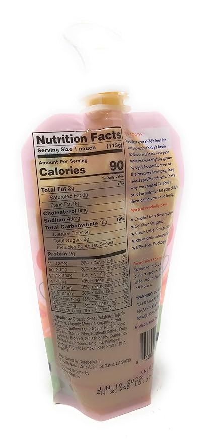 Cerebelly Organic Baby Food Pouches – Organic Sweet Potato Peach Pouch Protein, Healthy Fats, Non-Gmo Baby Food Meals 4 Ounce Bpa-Free Toddler Purees, 1 Count