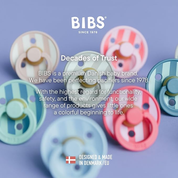 BIBS Pacifiers - Studio 2 Pack | Round Nipple Baby Pacifier | BPA Free Natural Rubber Latex Soother | Made in Denmark | Size 6+ Months | Block Baby Pink Coral