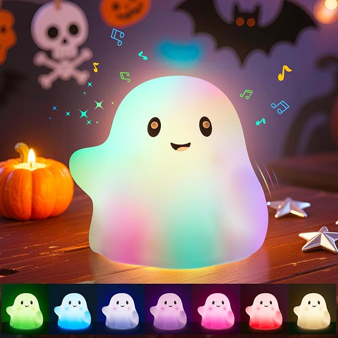 Ghost Night Light for Kids, Silicone Nursery Nightlight, RGB Rainbow Color-Changing/30-Min Timer/Touch Sensor/Rechargeable/Sounds & Sleep Music Halloween Ghost Light Decor Lamp