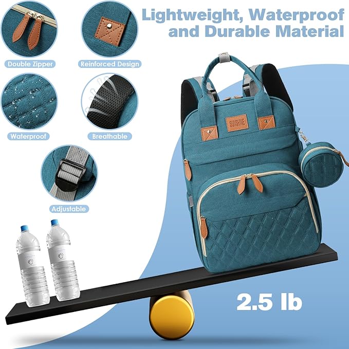 Diaper Bag Backpack, Large Diaper Bag with Changing Station, Baby Bag, New Mom Gifts, Lightweight Waterproof Unisex Diaper Bag with Insulated Pockets and USB Charging Port, Cyan