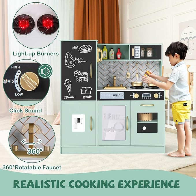 HONEY JOY Upgrade 39 in Kids Kitchen Playset, Large Wooden Little Chef Pretend Toy Kitchen Set w/Chalkboard, Telephone, Utensils, Oven, Microwave, Sink, Storage, Play Kitchen for Toddlers, Green