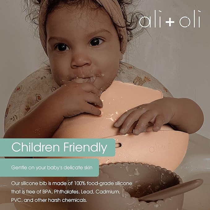 Ali+Oli Silicone Bib Waterproof Silicone Bibs for Babies & Toddlers Adjustable Feeding Bibs with Food Catcher Feeding Bucket