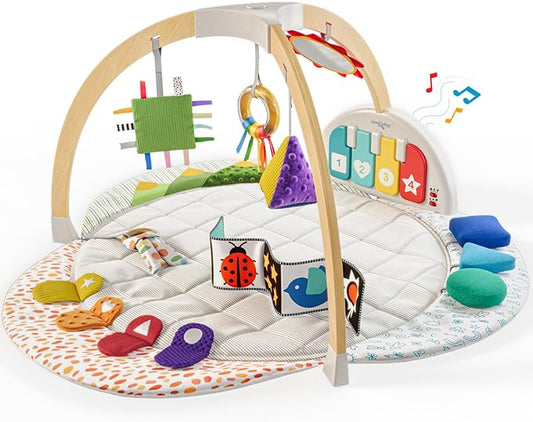 Move2Play, Montessori-Inspired Wooden Interactive Baby Play Gym | Kick & Play Piano | Thickly Padded Floor Play Mat | Tummy Time Must Have | Playmat for Newborns & Infants | Ages 0, 3, 6+ Months