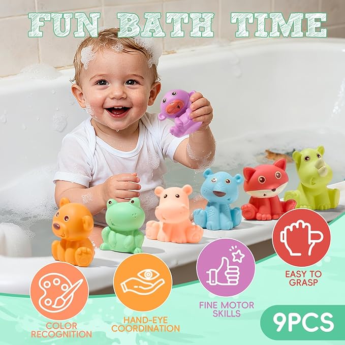 Mold Free Baby Bath Toys, 9 PCS Sealed, No Hole Bath Toys, Soft & Safe Toddler Bath Toy Set, Bathtub Water Beach Pool Toys for Babies 6-12 Months, Baby Gift for Christmas, Birthday, Stocking Stuffers