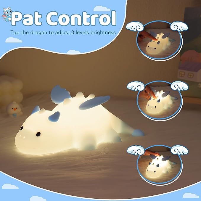 Ammonite Dragon Night Light, Cute Dragon Lamp with 8 Color Lights, Soft Silicone Kids Nursery Nightlight LED Touch Light, Kids Bedroom Decor as Xmas Birthday Gifts