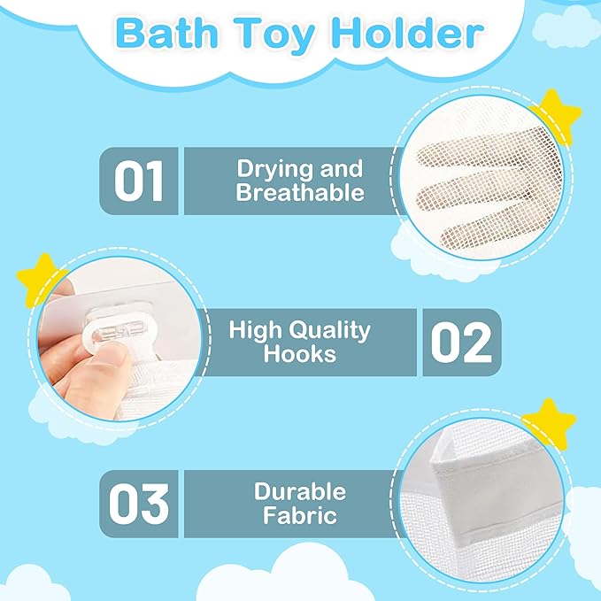 Bathtub Toy Storage, 3 Compartments Bath Toy Holder, Bath Toy Organizer with 5 Hooks Convenient Suspension, Mesh Material Bathtub Toy Storage Keeps Toys Dry & Breathable, Develop Children's Habits