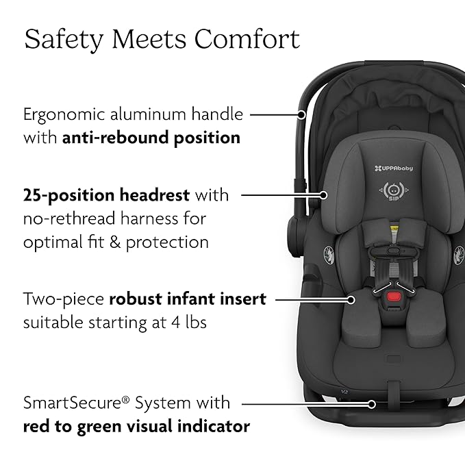 UPPAbaby Aria V2 Lightweight Infant Car Seat - Just Under 6 lbs - Base with Load Leg + Infant Insert + All-Weather FootCover Included - Direct Stroller Attachment - Jake (Charcoal/Black Leather)