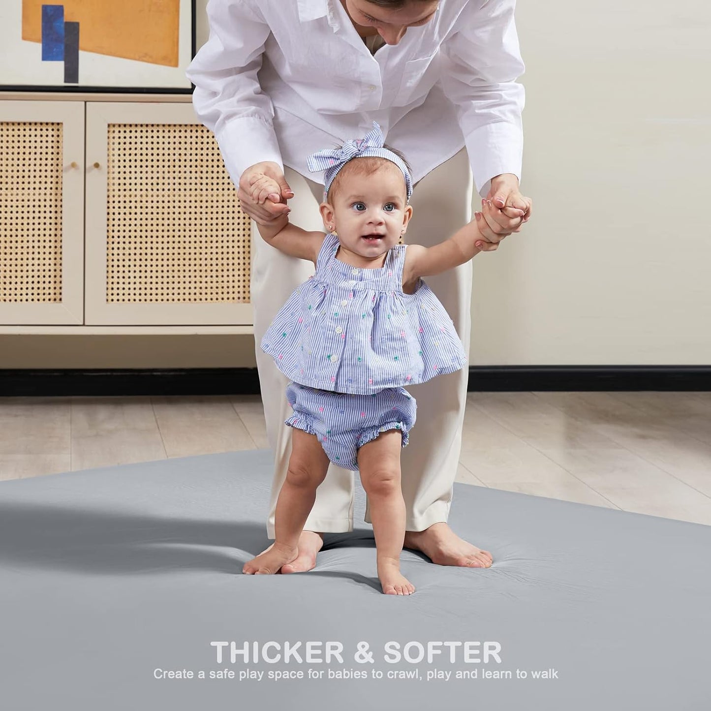 ANGELBLISS Baby Playpen Mat, Self-Inflating Play Mat for Babies and Toddlers, Roll Up & Waterproof Foam Crawling Mat for Floor, Portable Playmat for Babies with Travel Bag Grey (50×50in)