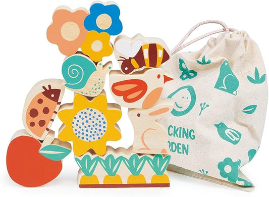 Mentari Toys - Happy Stacking Garden - 9 Wooden Nature Theme Pieces Stacking Toy - Boost Fine Motor Skills and Dexterity - Age 18 Months+