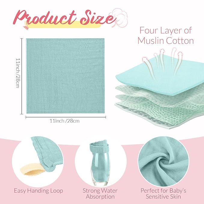 Preboun 6 Pcs Muslin Hooded Baby Towels and Washcloths 32"x 32" Cotton Newborn Bath Towel Anti-Shrink Infant Baby Blankets with Hood 12"x 12" Washcloths for Girl Boy Toddler(Green,Blue)