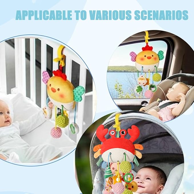 Carseat Toys Hanging, Crab Stroller Toy with Clamp,Plush Pull String Sensory Rattle,Built-in Bell, Rattle,Squeaky,Mirror for Infant,Babies Gift 0-3-6-12 Months Boy Girl