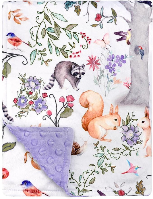 Baby Blanket, Purple Fleece Baby Blankets for Boys Girls, Warm Soft Portable Toddler Minky Blanket with Woodland Animal Print, for Newborn Crib, Stroller, 40 x 30 Inch