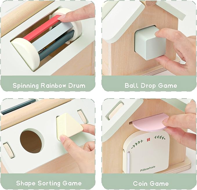 Wooden Toys for Babies 12 Months, Wooden Baby Drop Toys, 5 in 1 Object Permanence Box, Shape Sorting and Stacking Learning Toy, Sensory Play House for Toddlers Boys Girls 1 Years