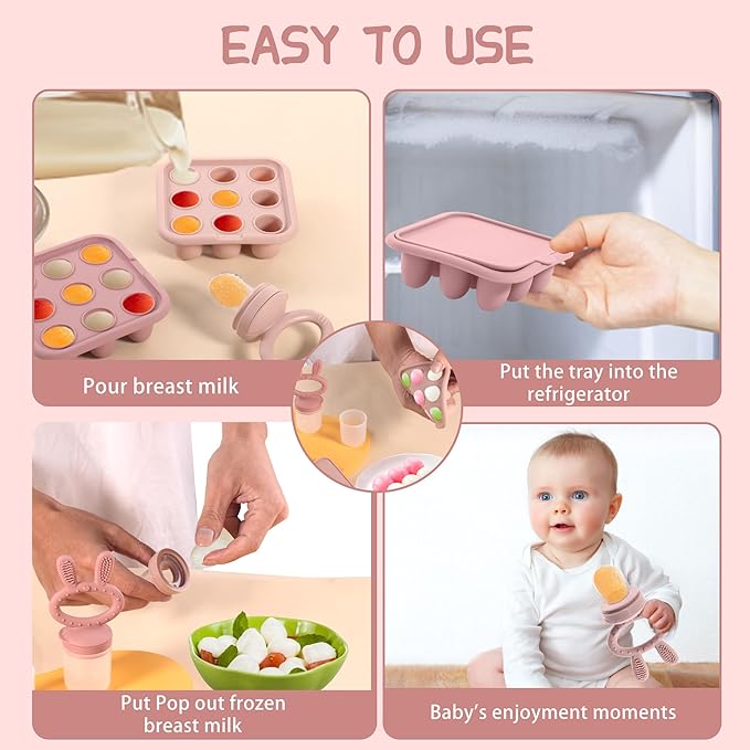 WAJIAYON Baby Breastmilk Popsicle Molds & Baby Fruit Feeder (2 Pack), Baby Food Freezer Tray Storage Containers, Silicone Teething Pacifier Feeder and Teether for Babies,Baby Feeder-Pink