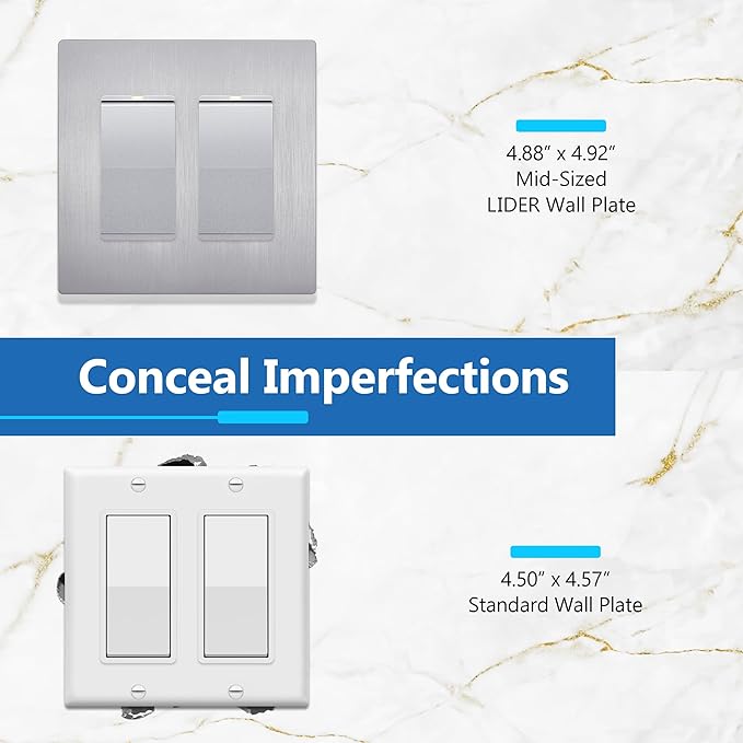 LIDER Brushed Finish Decorator Switch Cover, Screwless Wall Plate, Mid-Size 2-Gang 4.88" x 4.92", Unbreakable Polycarbonate Thermoplastic, UL Listed, LSWP-32M-BSV, Brushed Silver