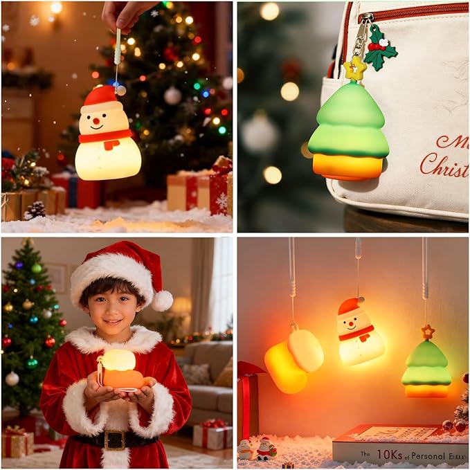 Christmas Night Light Set for kids,Rechargeable Dimmable Christmas Snowman Night Lamp,Cute Christmas Tree Decor Nightlight for Nursery Toddler Hangable Squishy Silicone Boot Lights Gifts Holiday Decor