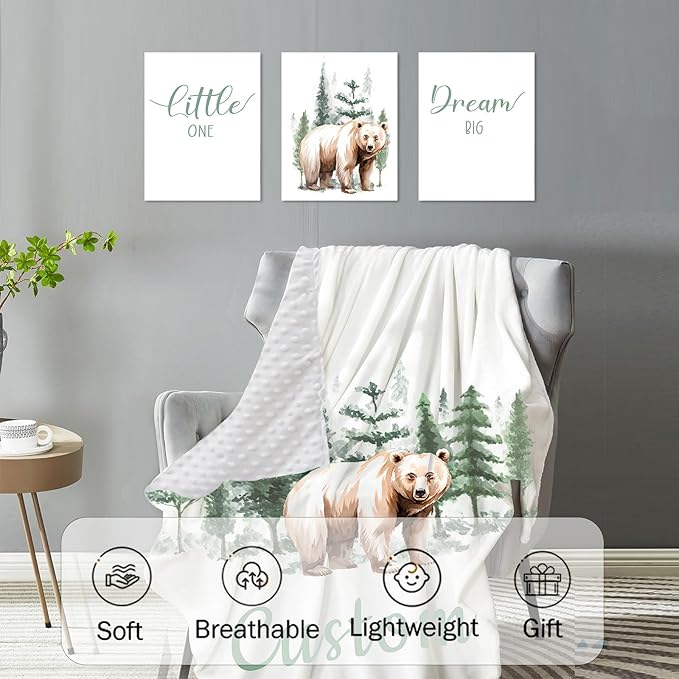 Personalized Baby Crib Bedding Set, 5-Piece Brown Bear Design Baby Crib Sets with Custom Name, Toddler Double Layer Blanket Fitted Sheets Changing Pad Cover Rug Wall Art Set, Charming Nursery Decor