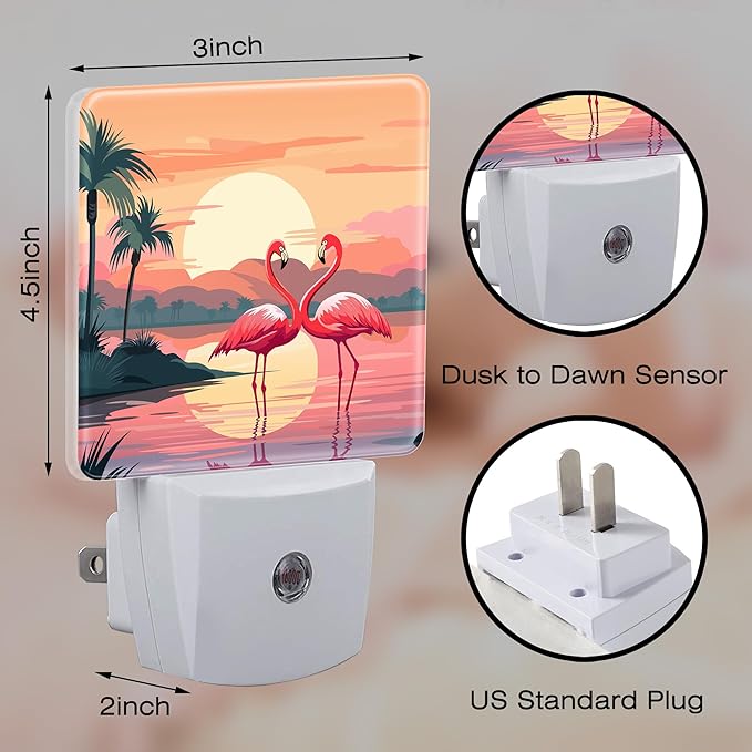 Pink Flamingos at Sunset Night Light for Kids,Summer Beach Tropical Palm Tree Night Light Plug in with Dusk to Dawn Sensor,0.5w Energy Saving Nightlight for Hallway Stairway Kitchen Bedroom