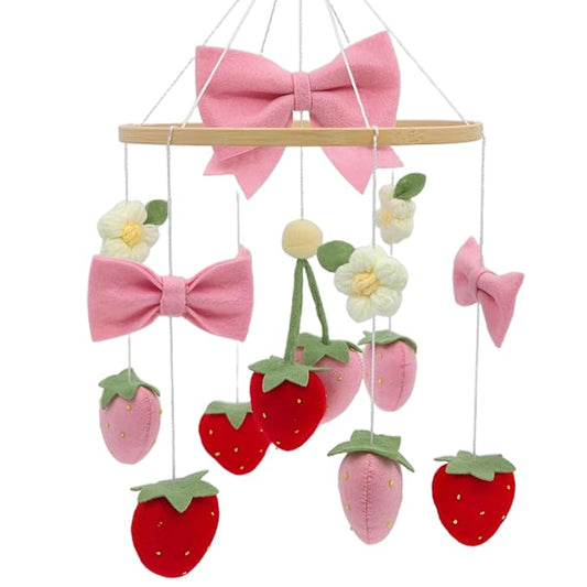 Strawberry Mobile for Crib Handmade Felt Nursery Decor Crib Mobile Goose for Bassinet Baby Shower Newborn Baby Gift (Bow Strawberry)