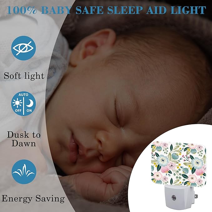 Sweet Colors Flowers Night Light Plug into Wall, Lovely Floral Night Light with Dusk to Dawn Sensor for Kid Girls Boys Women Men Room, Hallway, Kitchen, Bathroom, Stairs Decor
