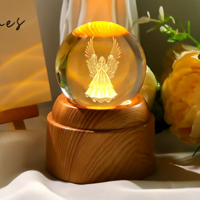 Guardian Angel Gifts 2.36in 3D Engraved Angel Crystal Ball with Rotatable Warm Light Wood Base, Guardian Angel Figurines Memorial Gifts for Women Mom Friends