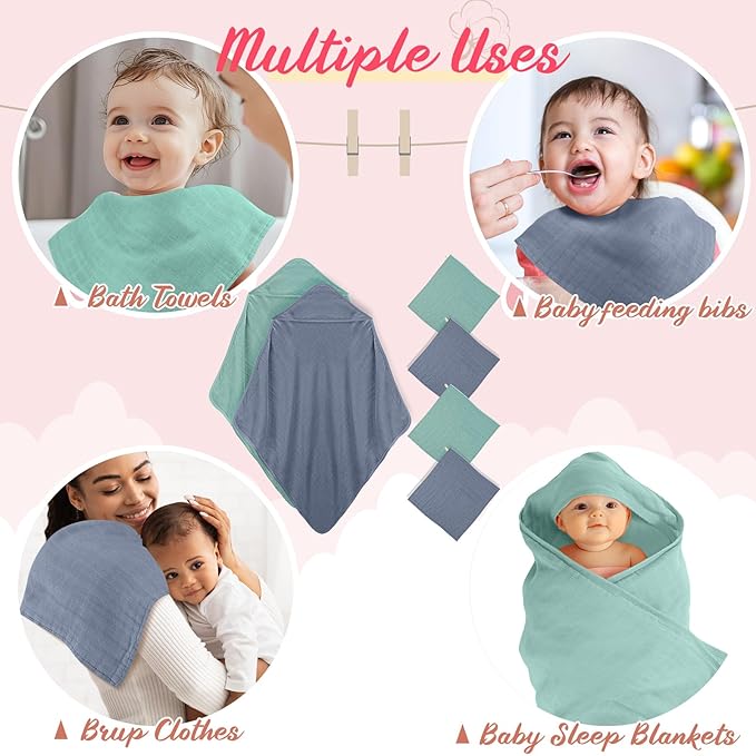 Preboun 6 Pcs Muslin Hooded Baby Towels and Washcloths 32"x 32" Cotton Newborn Bath Towel Anti-Shrink Infant Baby Blankets with Hood 12"x 12" Washcloths for Girl Boy Toddler(Green,Blue)