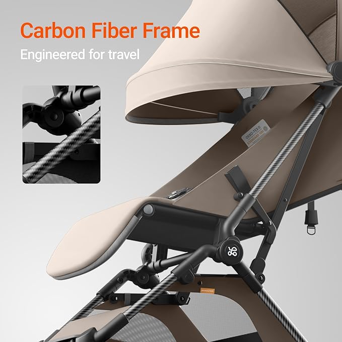MAMAZING Lightweight Baby Travel Stroller with Carbon Fiber Frame, Compact & Airplane-Friendly, One-Handed Folding Design, 11.6 lbs, Perfect for Toddlers, Organizer & Cushion Included, Simply Taupe