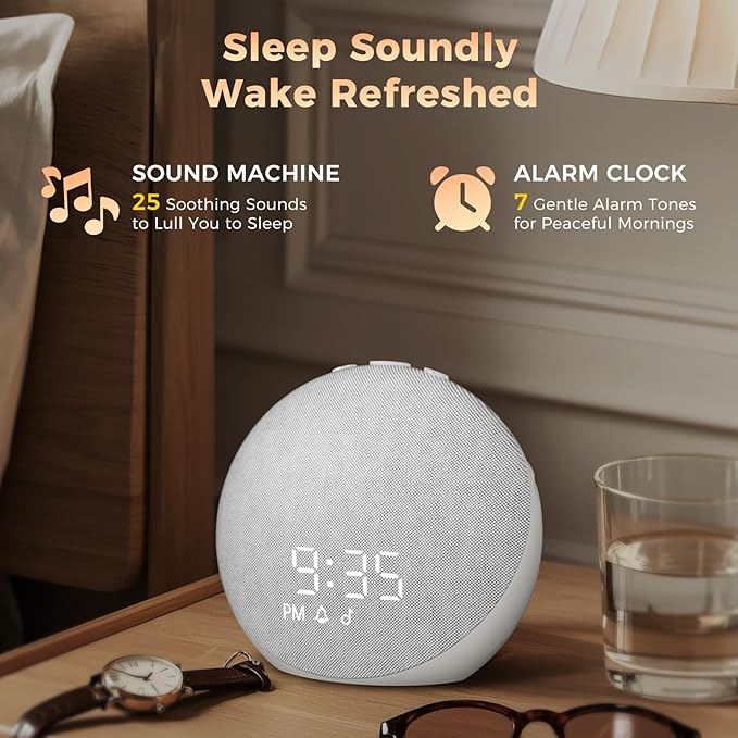 Sound Machine Alarm Clock for Bedroom: 25 Natural Sleep Sounds - White Noise Machine for Adults Kids Baby - Gentle Wake Up Alarm with Bluetooth Speaker - Frost White