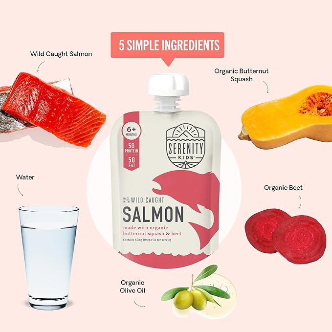 Serenity Kids 6+ Months Baby Food Pouches Puree Made With Ethically Sourced Meats & Organic Veggies | 3.5 Ounce BPA-Free Pouch | Wild Caught Salmon, Butternut Squash, Beet | 1 Count (Pack of 3)