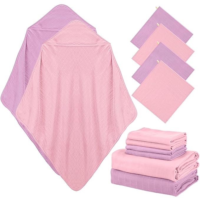 Preboun 6 Pcs Muslin Hooded Baby Towels and Washcloths 32"x 32" Cotton Newborn Bath Towel Anti-Shrink Infant Baby Blankets with Hood 12"x 12" Washcloths for Girl Boy Toddler(Light Pink,Purple)